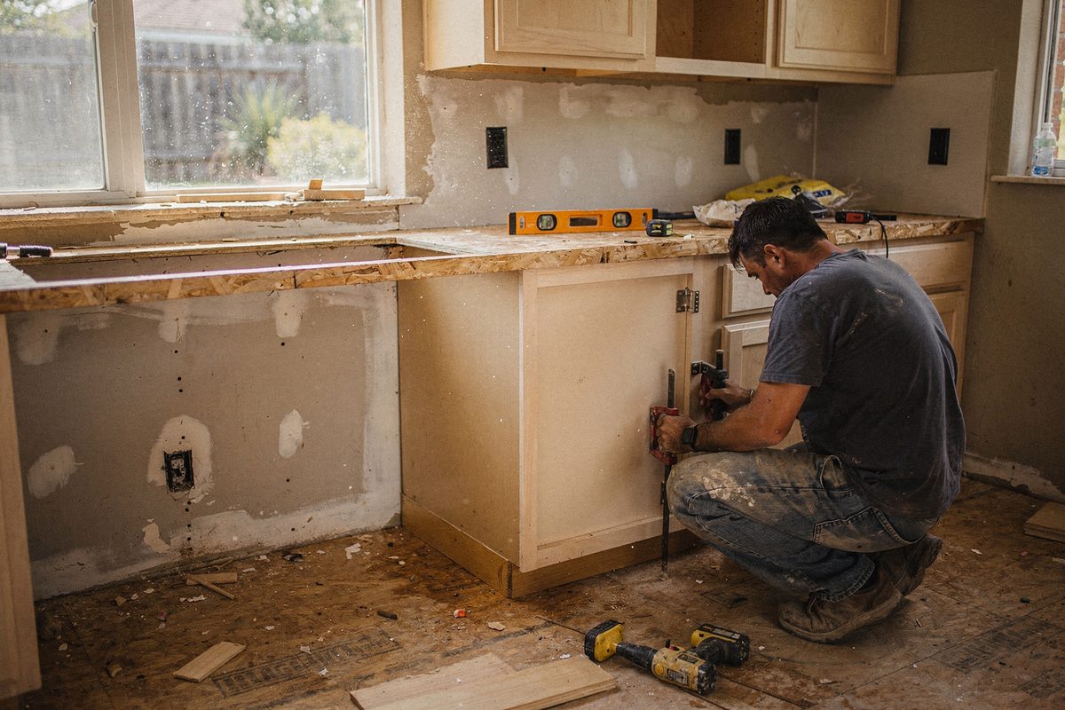 Kitchen mid-remodel with cabinets removed and a worker fitting a cabinet box